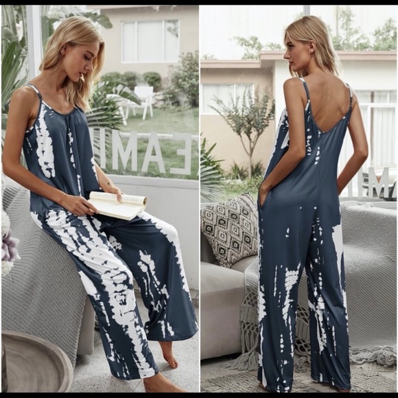 NEW! Boho Tie Dye Wide Leg Pocket Jumpsuit Pockets - Picture 2 of 2